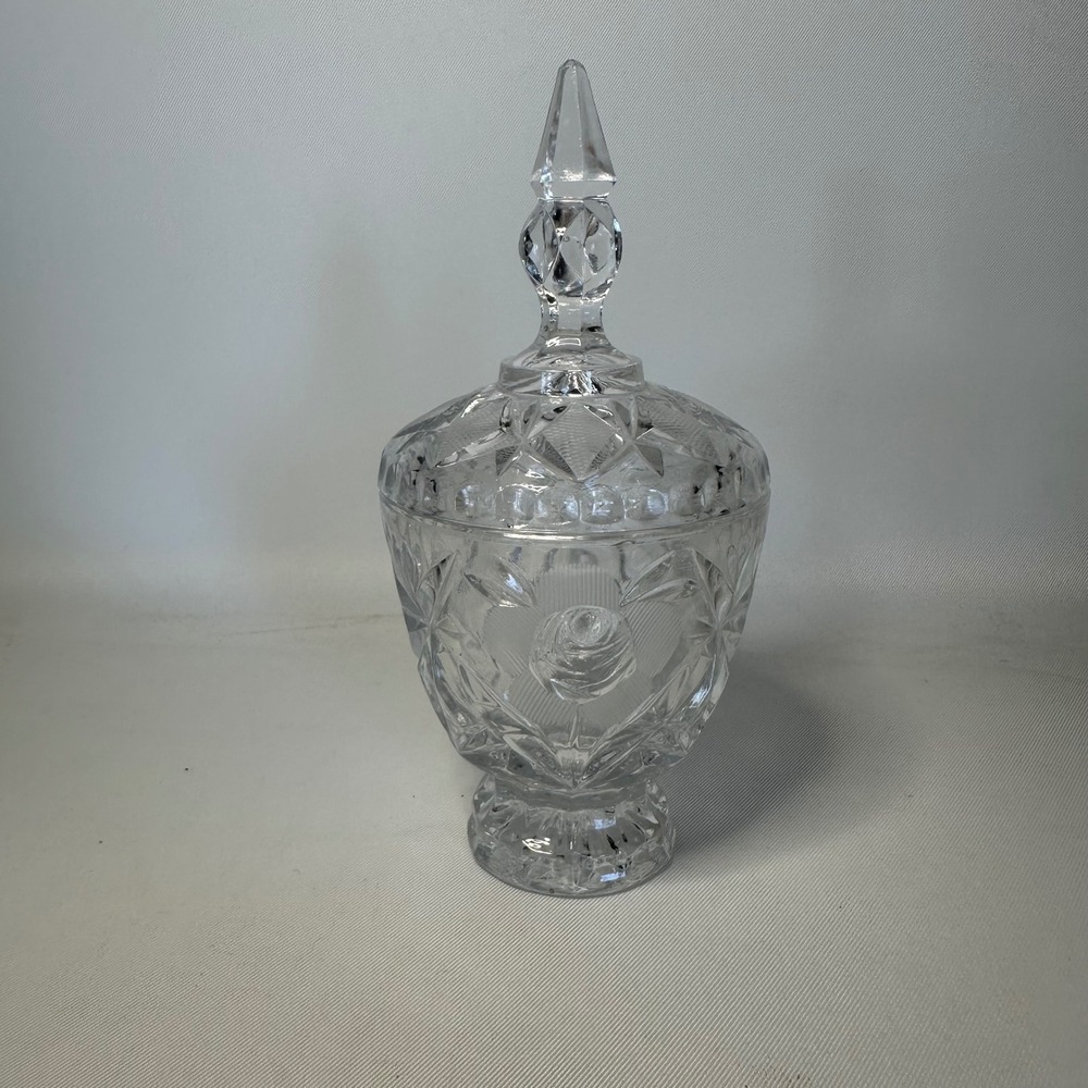 Vintage Cut Glass Crystal Sugar Bowl Candy Dish w/Lid Rose & Diamonds Footed